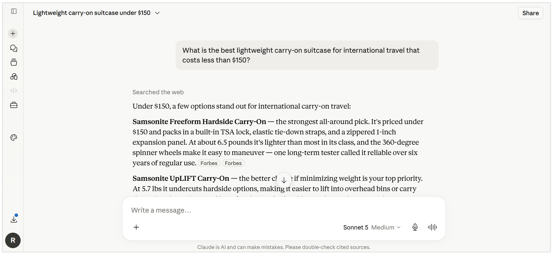 Claude suitcase recommendation